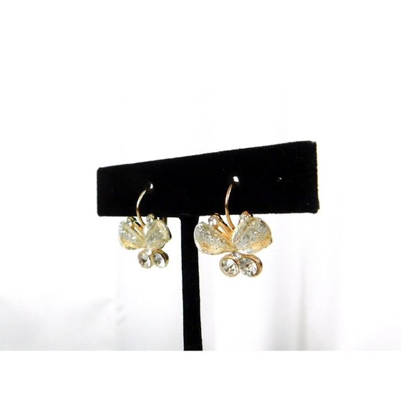 Lever Back Butterfly Earrings Glitter Rhinestones Gold Tone Backing - Picture 3 of 7